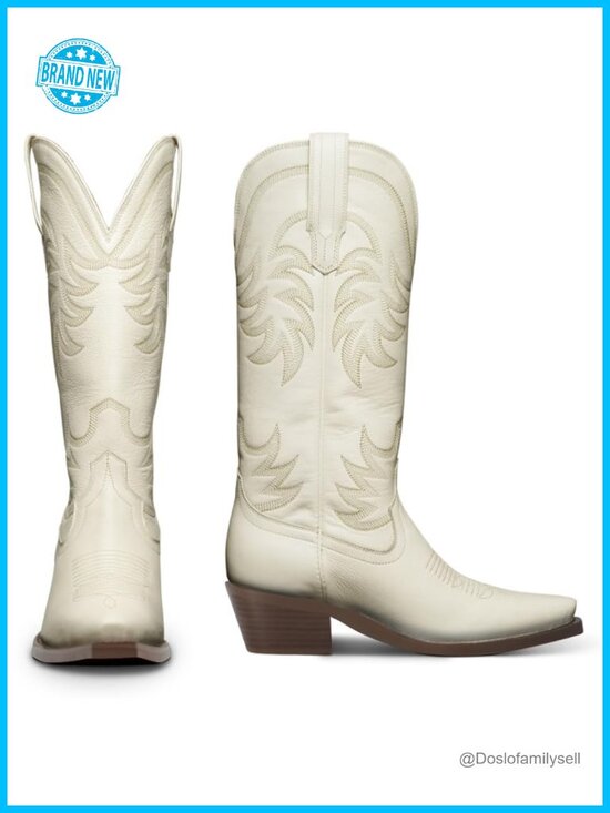 Shoes - Knee High Cowboy Boots Chunky Block Heel Pointed Toe Wide Calf Embroidered